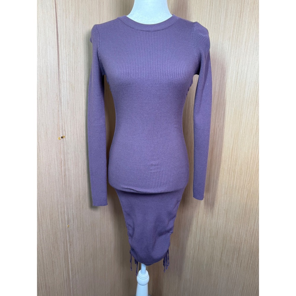 ACOA Purple Ribbed Knit Bodycon Dress Long Sleeve Ruched Side Drawstring Medium